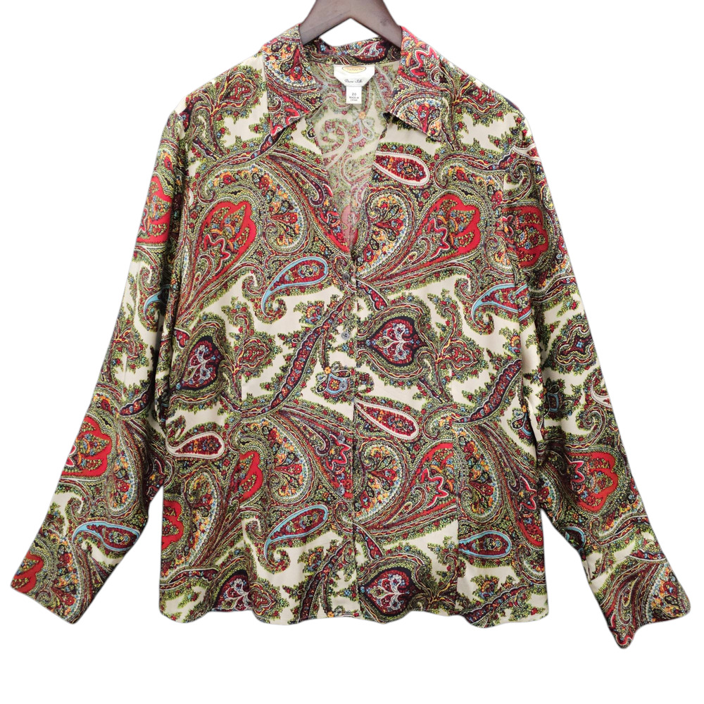 Talbots Blouse Womens Size 20 Multicolor Silk Paisley Retro Career Long Sleeve